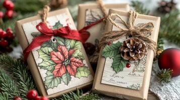Christmas Presents Decorated With Rustic Elements and Holiday Foliage photo