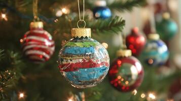 A Multicolored Christmas Ornament Hanging on a Christmas Tree photo