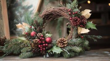 Christmas Wreath with Red Ornaments, Pine Cones, and Holly photo
