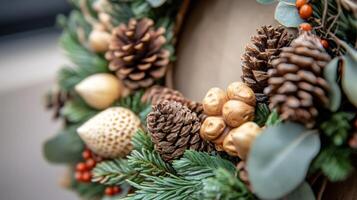 Close-up of a Festive Christmas Wreath with Pine Cones and Berries photo