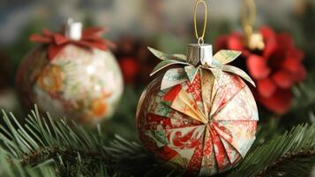 Close-up of a Red and Green Christmas Ornament on a Pine Branch photo
