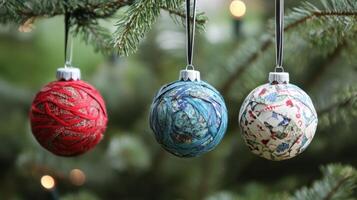 Three unique handmade Christmas ornaments hanging from a fir tree branch. photo