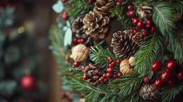 Close-up of a Christmas Wreath with Pine Cones, Berries, and Evergreen Branches photo