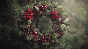 Christmas Wreath with Red Berries, Pine Cones, and Poinsettia Flowers photo