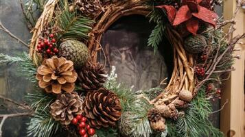 Close-up of a Christmas wreath with pine cones, berries, and greenery photo