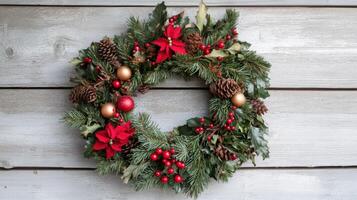 Festive Christmas Wreath with Pine Cones, Holly, and Red Berries photo