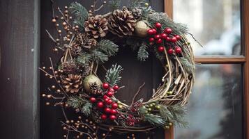 Festive Wreath Decorated with Pine Cones, Berries, and Twigs photo
