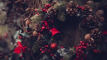 Close-up of a Rustic Christmas Wreath with Pine Cones, Berries, and Red Ornaments photo