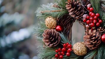Close-up of a Christmas Wreath with Pine Cones and Red Berries photo