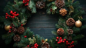 Festive Christmas Wreath with Pine Cones and Berries on a Dark Wooden Background photo
