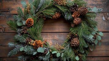 Evergreen Wreath with Pine Cones and Eucalyptus Leaves on Rustic Wood Background photo
