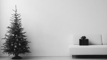 A Decorated Christmas Tree and a Gift Box on a White Sofa photo