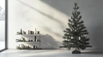 Minimalist Christmas Decor with a Spruce Tree and Candles on a Shelf photo