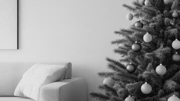 Minimalist Christmas Decor with a Grey Christmas Tree and White Couch photo