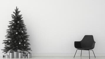 Black Christmas Tree with Gifts and Chair in White Room photo