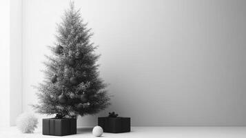 Black and White Christmas Tree with Ornaments and Presents photo