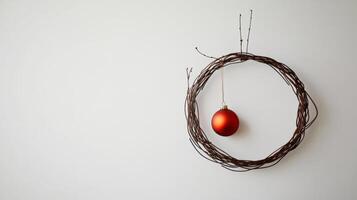 A Single Red Ornament Hanging from a Twig Wreath photo