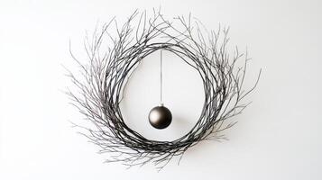 A Black Christmas Ornament Hanging from a Twig Wreath photo