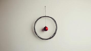 A Single Red Ornament Hanging Within a Wire Wreath photo