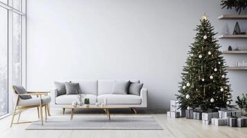 Minimalist Living Room Decorated for Christmas with a White Sofa and a Christmas Tree photo