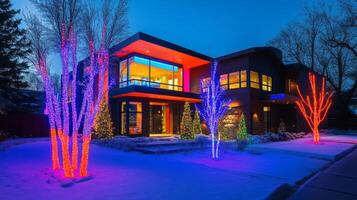 Modern Home Decorated with Christmas Lights in Snowy Yard photo