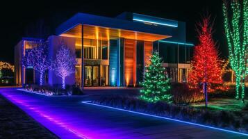 Modern Home Illuminated with Festive Lights and Trees at Night photo