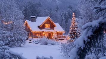 A Cozy Cabin Decorated with Lights Amidst a Snowy Forest photo