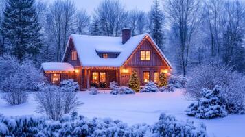 A Cozy Cabin Adorned with Lights in a Snowy Winter Wonderland photo