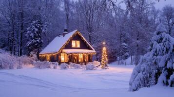A Snow-Covered Cabin with Christmas Lights in a Winter Forest photo