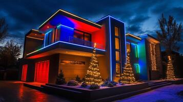Modern House Decorated with Colorful Lights and Christmas Trees photo