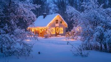 A cozy, snow-covered cabin with twinkling lights in a wintry forest at dusk. photo