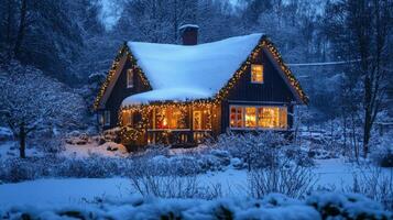 Snow-Covered Cabin with Christmas Lights and Snowy Landscape photo