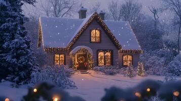 A cozy, snow-covered house with festive Christmas lights during a snowfall. photo