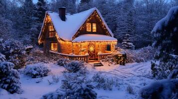 A Cozy Cabin Adorned with Lights and Snow in the Winter Woods photo