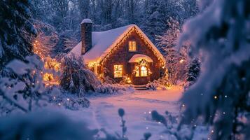 A Cozy Cabin Illuminated with Christmas Lights in a Snowy Forest photo