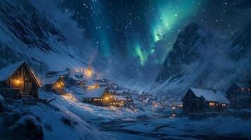 A Snowy Village Nestled Between Mountains Under an Aurora Borealis photo