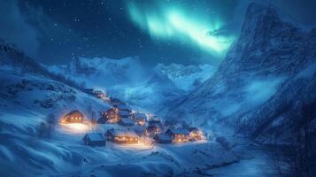 Illuminated Village Nestled in Snow-Covered Mountains Under a Starry Sky with Aurora Borealis photo