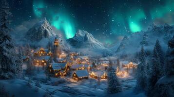 Snowy Mountain Village Under a Starry Sky with Aurora Borealis photo