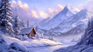 A Snowy Mountain Cabin with a Frozen River Winding Through a Wintery Forest photo