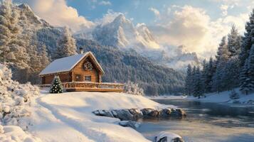 Festive Log Cabin Nestled in a Snowy Mountain Valley photo