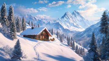 Festive Log Cabin in Snowy Mountain Valley photo