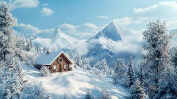 A Festive Cabin Nestled in a Snowy Mountain Landscape photo