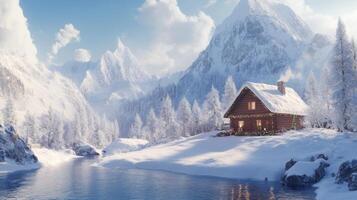 A Cozy Cabin Nestled in a Snowy Mountain Valley with a Frozen Lake photo