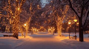 A Snowy Path Lined with Trees Decorated with Christmas Lights photo