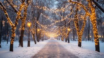 Snow-Covered Pathway Lined with Trees Decorated with Christmas Lights photo