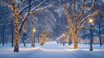 Snowy Pathway Lined with Trees Adorned with Lights photo