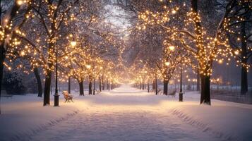 A Snowy Pathway Lined with Trees Adorned with Festive Lights photo