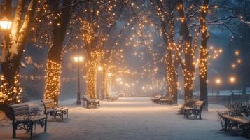 Snowy Pathway Lined with Trees Adorned with Christmas Lights photo