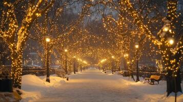 Snowy Pathway Lined with Trees Adorned with Twinkling Lights photo