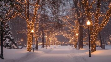 Snow-Covered Pathway Lined with Trees Decorated with String Lights photo